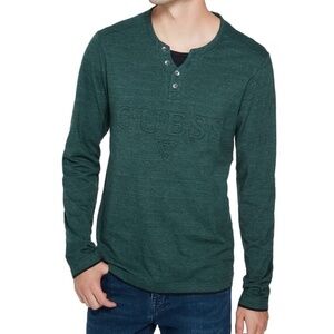 GUESS Reese Logo Marled Henley Long Sleeve Shirt L